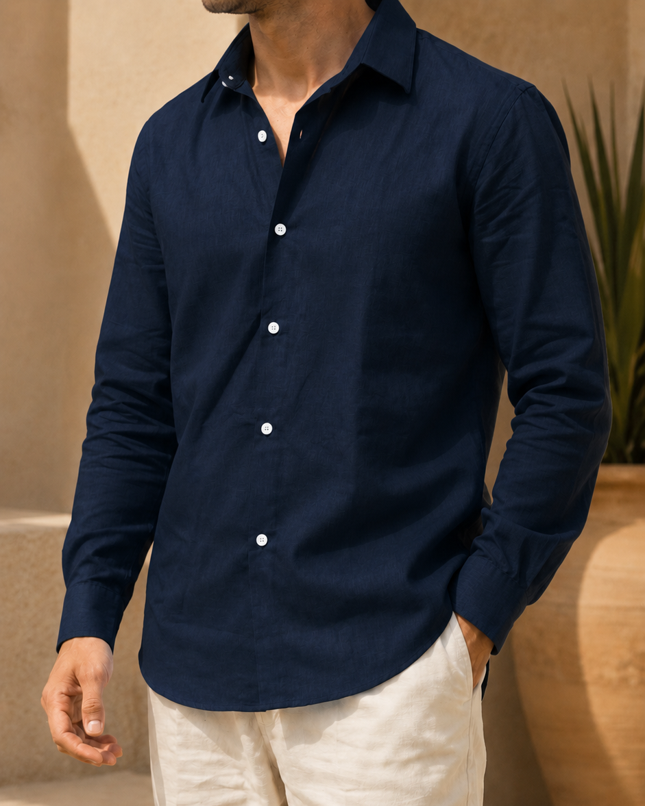 Full Sleeve Men's 100% Belgium Linen Navy Blue Shirt | Summer Special
