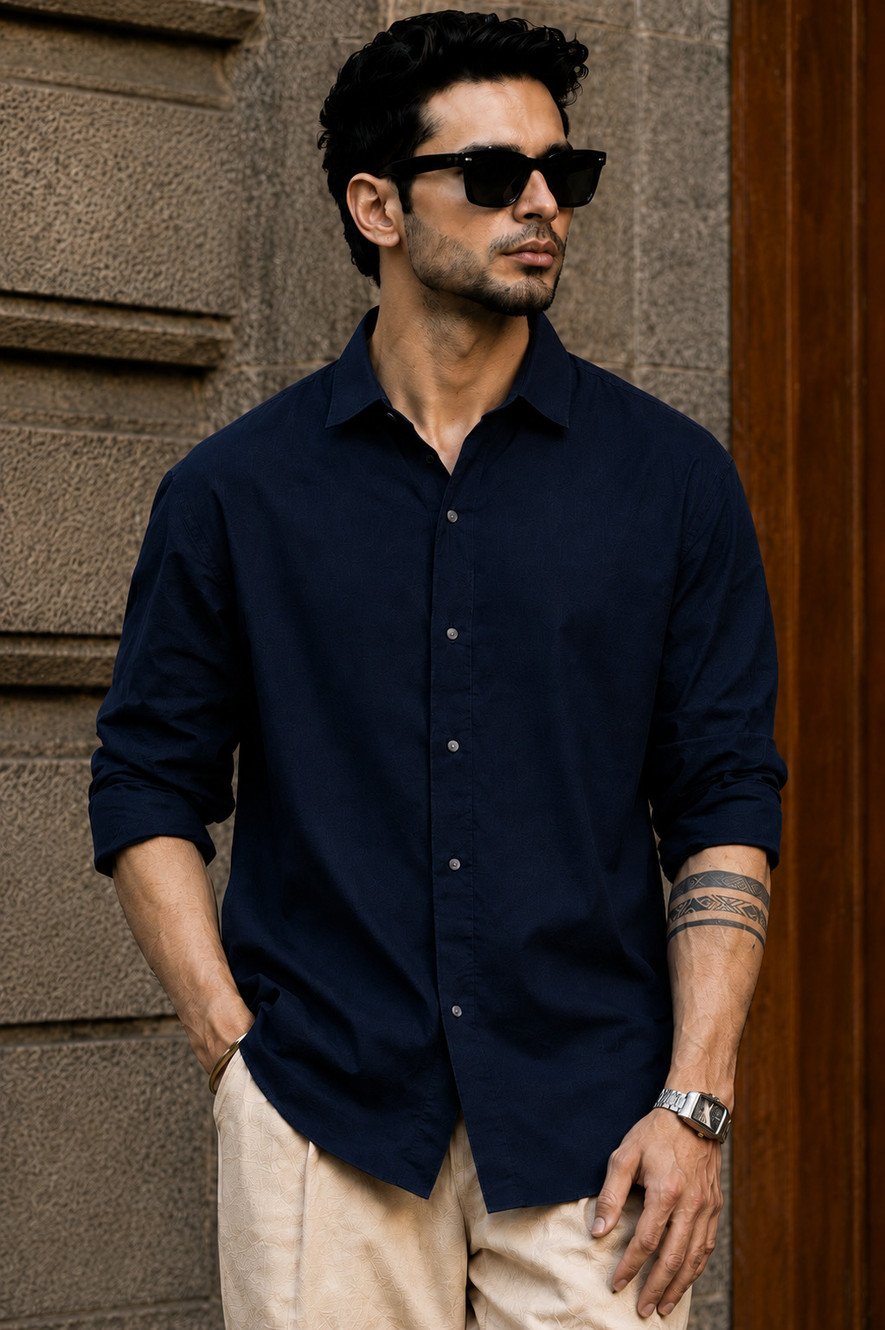 Full Sleeve Men's 100% Belgium Linen Navy Blue Shirt | Summer Special